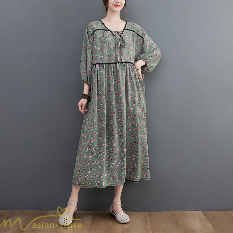マキシ | ワンピース レディース Vネック 7分袖 秋 ロングワンピース フリーサイズ 花柄 40代 50代 大人 レトロ風 ゆるワンピース カジュアル 秋コーデ 30代 大人 20代