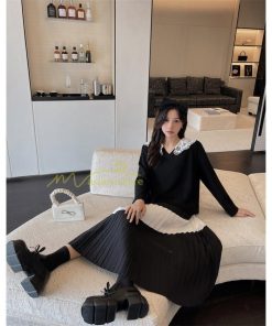 マキシ | 切り替えワンピース 秋 レディース 裾プリーツワンピース ロングワンピース ゆったり 大きいサイズ 秋物 長袖 30代50代 大人 プリーツ 可愛い Vネック