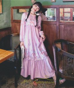 マキシ | ロングワンピース レディース  夏 秋 リゾート ルームワンピース 長袖 ゆったり ロング丈 旅行用 バブルスリーブ かわいい 後ボタン付き レトロ風 丸首