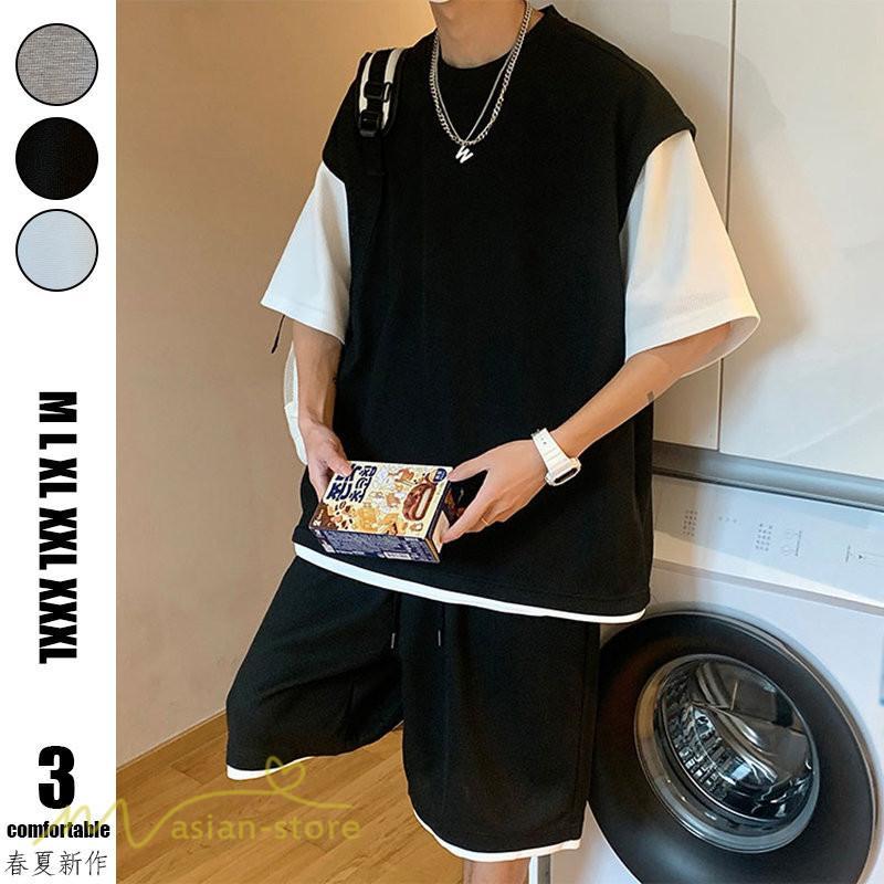 Tシャツ | Tシャツ メンズ 半袖 重ね着風 レイヤード 無地 ゆったり クルーネック カットソー 20代 30代 おしゃれ 無地 大きいサイズ シンプル 40代 カジュアル お出かけ