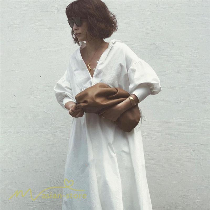 マキシ | サマーワンピース レディース 着痩せ 無地 Vネック 7分袖 コットン ゆるワンピース ゆったり ロングワンピース 夏服 ワンピース 夏 きれいめ トレンド ロング丈