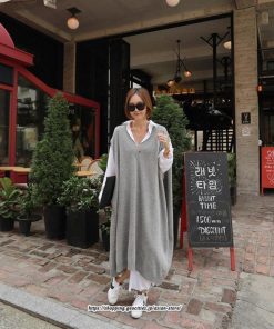 マキシ | ニットベストワンピース レディース 40代 秋冬 ワンピース Vネック ニットロングベスト ニットワンピース ゆったり ひざ下 オシャレ 韓国風 無地カジュアル