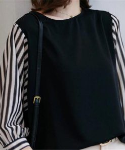 送料無料SALE | ブラウス レディース 切り替え フェイク ストライプ パフスリーブ 無地 黒 白 トップス シャツ 丸ネック 七分袖 夏服 大人 サマー 30代40代 50代 可愛い OL