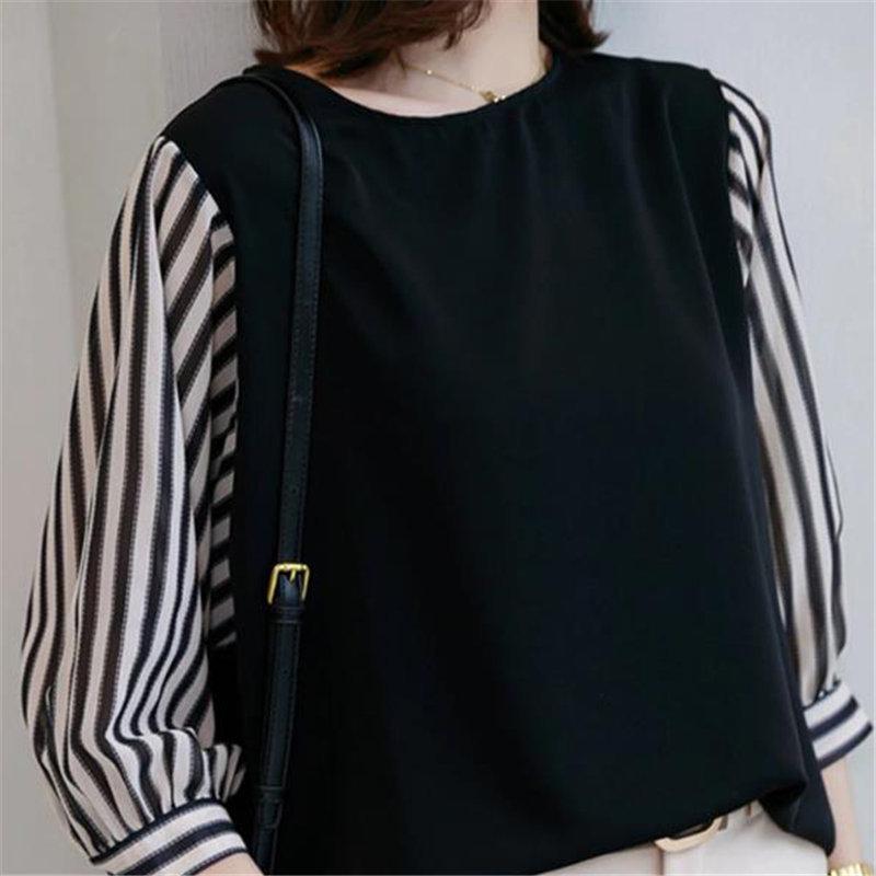 送料無料SALE | ブラウス レディース 切り替え フェイク ストライプ パフスリーブ 無地 黒 白 トップス シャツ 丸ネック 七分袖 夏服 大人 サマー 30代40代 50代 可愛い OL