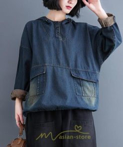 シャツ・ブラウス | デニムシャツ レディース長袖 トップス ブラウス ブルー 春 秋 カジュアル シャツ おしゃれ 可愛い マタニティ フード カジュアル 大きいサイズ 送料無料