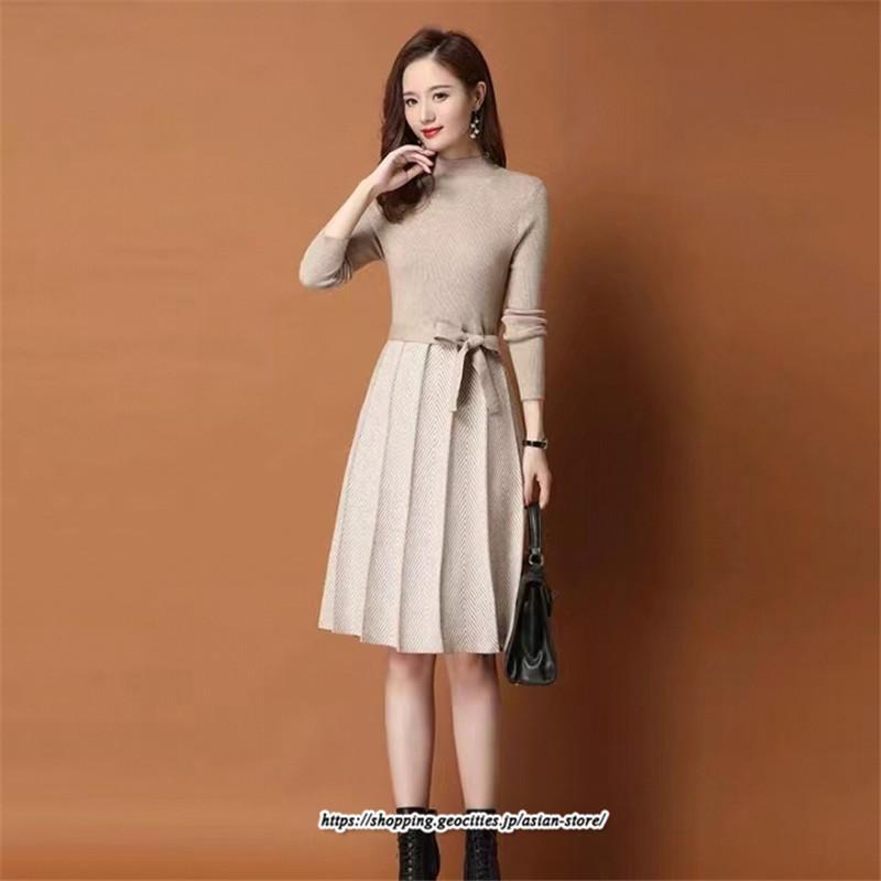 ミディアム | ニットワンピース レディース 秋冬 30代 40代 オシャレ 長袖 リボン Aラインプリーツスカート ニット 長袖 春 着痩せ 秋 冬 韓国風 OL通勤 二次会