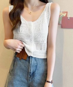 透かし編みトップス | 透かし編み タンクトップ スクエアネック