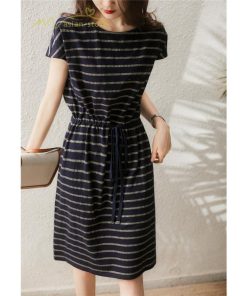 ミディアム | ワンピース レディース 夏服 綿ワンピース Aライン クルーネック 半袖 コットン おしゃれ キレイめ ウエストリボン付き 膝丈 ボーダー