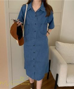ミディアム | ワンピース デニムワンピース 半袖 ひざ丈 シャツワンピース 夏新作 体型カバー デニム フリーサイズ レトロ風 カジュアル 膝丈 かわいい 無地 ワンピ きれいめ