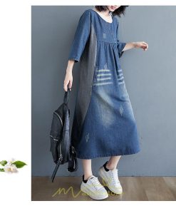 デニムワンピース | ワンピース レディース 夏 ロング丈 春 秋 七分袖 切り替え 大きいサイズ ゆったり 人気 体型カバー 20代30代40代 送料無料 着痩せ