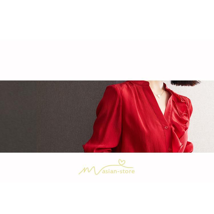 シャツ・ブラウス | ブラウス レディース シャツ トップス 赤 長袖シャツ 無地 オフィス カジュアル おしゃれ シフォン 通勤 フリル 可愛い オシャレ キレイめ ナチュラル 上品