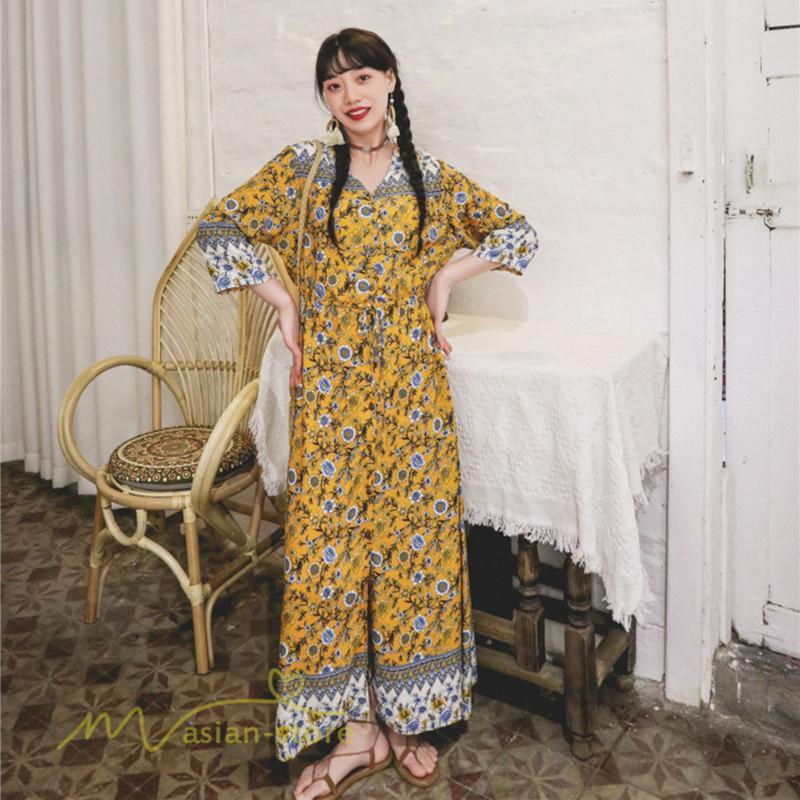 マキシ | ワンピース レディース 総柄 きれいめ ロングワンピース 可愛い カジュアル 春 夏 秋 40代 7分袖 上品 きれいめ 民族風 旅行着 おしゃれ プルオーバー