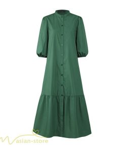 マキシ | シャツワンピース 7分袖 無地 切り替え モックネック シンプル レディース カジュアルワンピース 秋コーデ マーメイドワンピ 前開き Aライン 大きいサイズ 秋