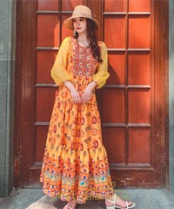 マキシ | マキシ丈ワンピース 夏 リゾート 花柄 ロング丈ワンピース ロング 七分袖 民族風 エスニック風 体型カバー 可愛い おしゃれ フェミニン 着痩せ 上品