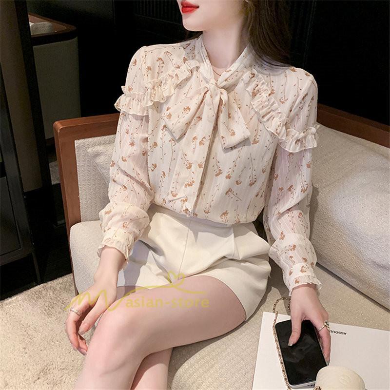 シャツ・ブラウス | ブラウス トップス シャツ レディース シフォン 無地 長袖シャツ ファッション カジュアル エレガント 細身 優雅 通勤 花柄 新作 リボン付き 上品 オシャレ OL