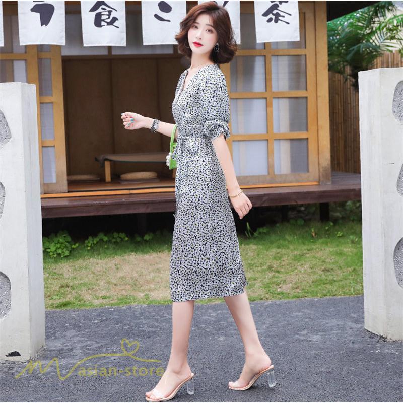 ミディアム | ワンピース レディース 着痩せ 花柄 Vネック 半袖 膝丈 サマーワンピース きれいめ エレガント 30代 40代 50代 大人 春 薄手 ひざ丈 お出かけ 上品 夏 デート