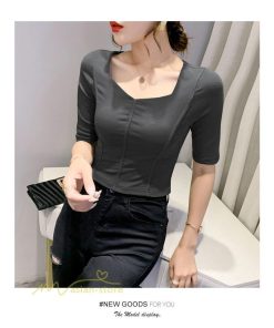 ｔシャツ・カットソー | Tシャツ Tシャツ レディース カットソー 着痩せ 5分袖 着回し 人気 スクエアネック ストレッチ 無地 ショート丈 細身 カジュアルトップス 着痩せ サマー きれい