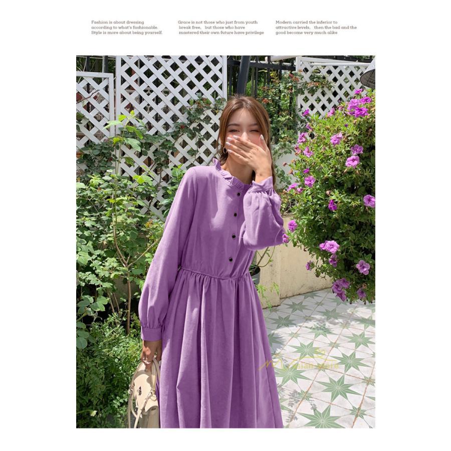 マキシ | ワンピース レディース 秋 冬 長袖 おしゃれ きれいめ フリル 可愛い 無地 ロング丈 ミモレ丈 ゆったり 2021 シンプル 秋新作 ゆったり 上品 カジュアル