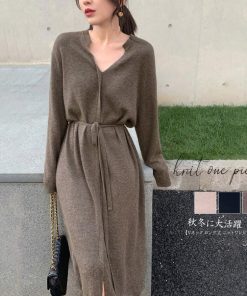 ワンピース | キーネック 大人 おしゃれ ロングワンピ 秋冬 シンプル 上品 ニットレディース セーター暖かい