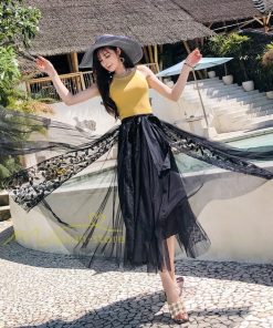 スカート | フレア チュールレディース ロングウエストゴム 春夏 リボン マキシ ドッキング 20代30代40代 着痩せ カジュアル お出かけ