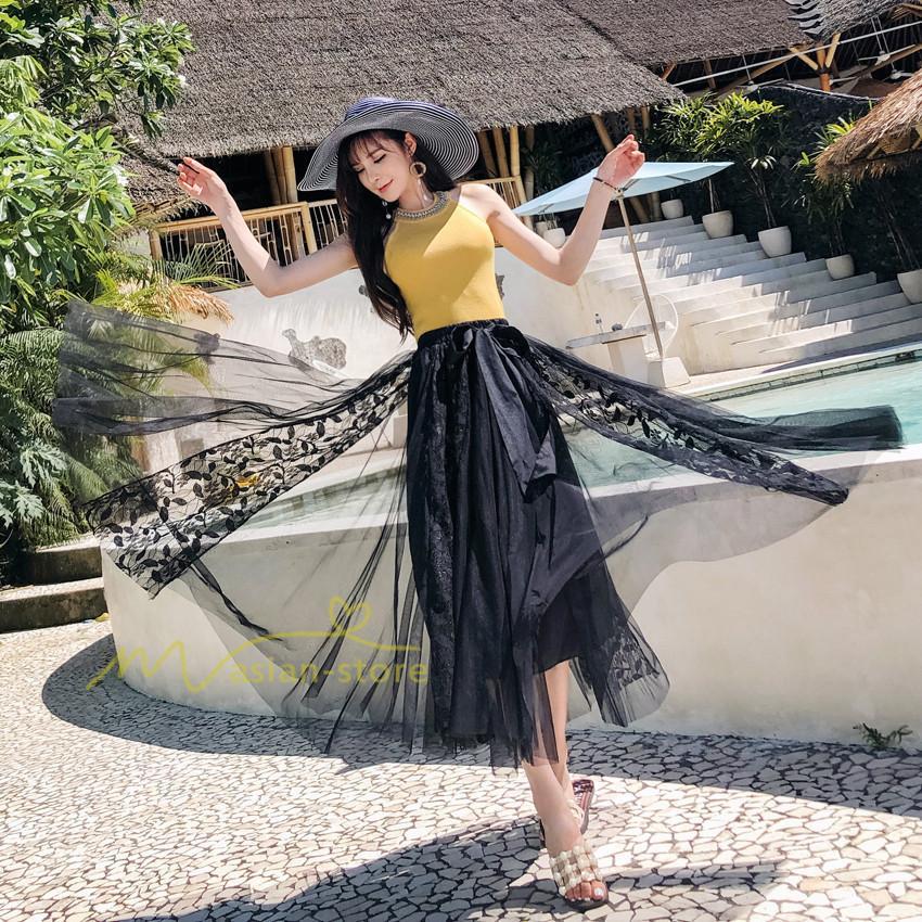 スカート | フレア チュールレディース ロングウエストゴム 春夏 リボン マキシ ドッキング 20代30代40代 着痩せ カジュアル お出かけ