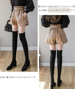ショートパンツ | ワイド秋冬 レディース PUレザー キュロットパンツ ベルト付き ハイウエスト ウエストゴム