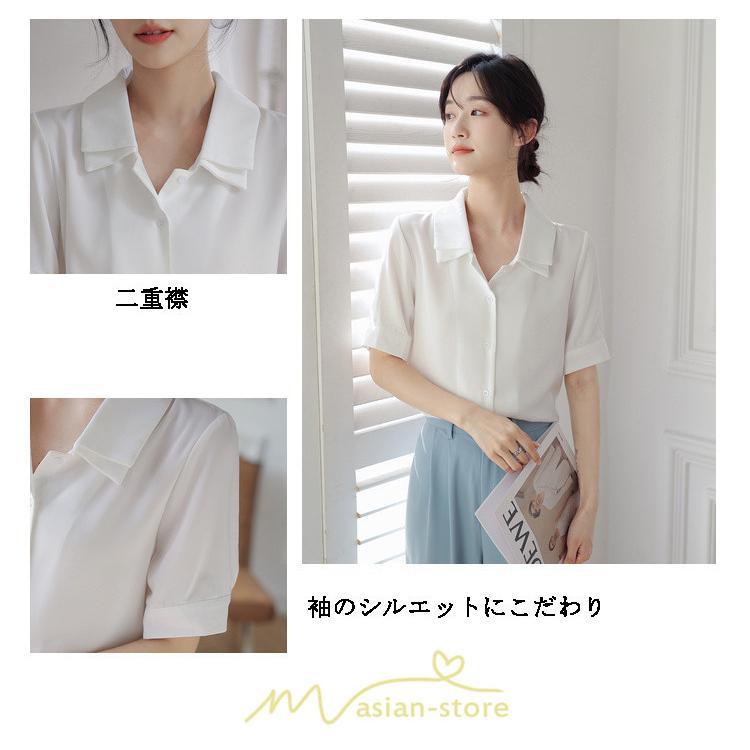 シャツ・ブラウス | トップス ブラウス 半袖 シャツ レディース オフィス フォーマル 白 黒 開襟 二重襟 バブルスリーブ 着痩せ フランス風 仕事服 クラシック 無地 通勤 大人 上品