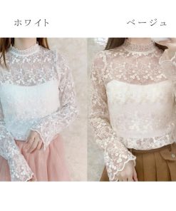 透かし編みトップス | レースブラウス レディース オシャレ シースルー きれいめ シアートップス プルオーバー セクシー プチハイネック 韓国風 長袖