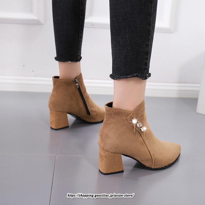 ブーツ | ショートブーティ レディース スエード調 太めヒール 靴 人工水晶 キラキラ オシャレ お出かけ デート キレイめ 通勤 20代30代40代50代