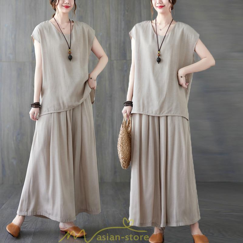 セットアップ | レディース 夏服 Tシャツ ワイドパンツ ガウチョパンツ カジュアル 無地 冷感 涼感 ブラウス トップス 30代40代 2点セット ゴム パンツ 半袖