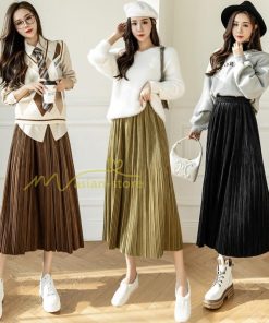 スカート | プリーツロングミモレ丈 ビロードAラインウエストゴム ハイウエスト 秋冬 無地 ゆったり 通学通勤 大人