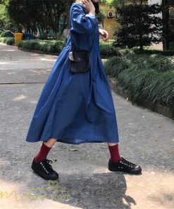 デニムワンピース | ゆるワンピース レディース デニム 長袖 レトロ風 可愛い Aラインワンピース フリーサイズ 丸首 体型カバー おしゃれ 秋 コーデ ゆったり