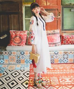 マキシ | ワンピース 夏秋 長袖 レディース ワンピ ロング 美シルエット ロングワンピ―ス 大人 花柄 刺繍 エスニック風 リゾート 綿麻 お出かけ リネン コットン 旅行