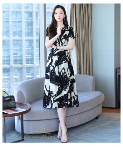 ミディアム | Aラインスカート レディース 着痩せ 黒 白 Vネック 半袖 ワンピース エレガント フェミニン 気質 30代 ママ きれいめ 40代 大きいサイズ サマーワンピース 夏