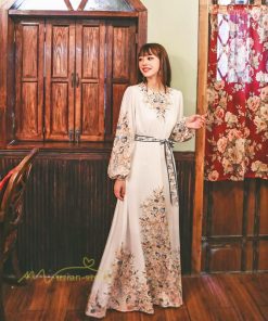 マキシ | ロングワンピース 長袖 レディース プリント Aラインワンピース 30代40代 ゆったり ワンピ 広い裾 ベルト付き ダンス プリンセス 舞台 落ち感 コスプレ