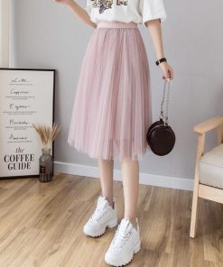 スカート | チュールプリーツウエストゴム 膝丈可愛い ハイウエスト 白 黒 10色 レディース OL 通学通勤 無地 春夏秋 裏地付き