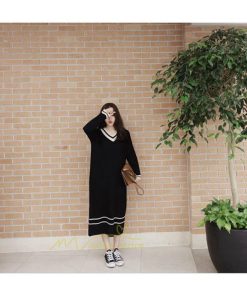 在庫ある | 短納期ロングニットワンピース ロングワンピ カットソー 長袖 トップス Vネック ゆったりセーターニット 体型カバー OL ストレートニットワンピ 通学通勤