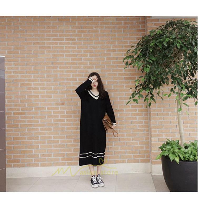 在庫ある | 短納期ロングニットワンピース ロングワンピ カットソー 長袖 トップス Vネック ゆったりセーターニット 体型カバー OL ストレートニットワンピ 通学通勤