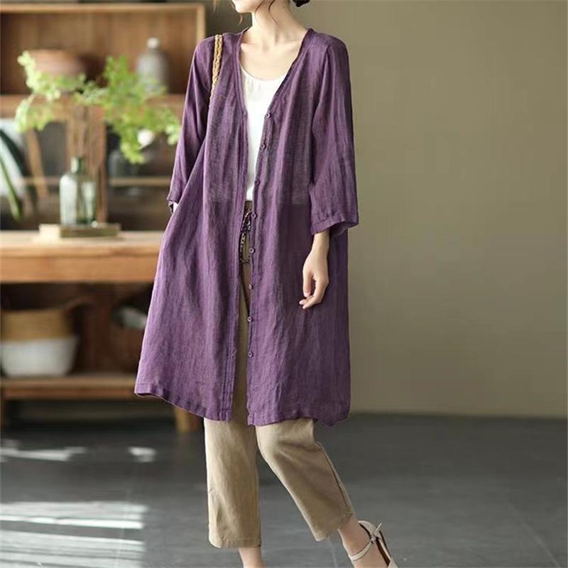 カーディガン | レディース リネン 麻混 ロング 春 秋 ゆったり 7分袖 40代 50代 無地 4色 冷え防止 透け感 羽織 初秋 30代 秋大きいサイズ 20代