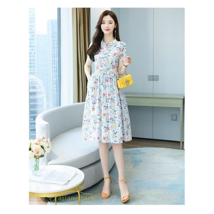ミディアム | ワンピース レディース 花柄 サマーワンピース 半袖 シャツワンピース 夏 30代 40代 きれいめ プリント おしゃれ 膝丈 ミディアムワンピース 大きいサイズ