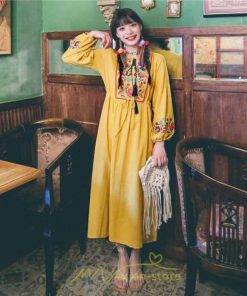 マキシ | ワンピース ロングワンピ パーティー お呼ばれ デート ゆったり 女子会 食事会 白 赤 黄色 青 Aライン 長袖 エスニック風 2022年夏秋新作 刺繍 Vネック 綿麻