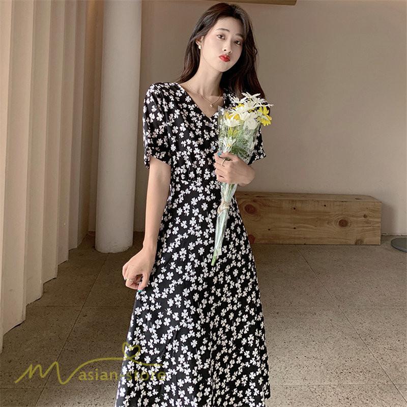 ミディアム | ワンピース レディース 着痩せ 花柄 半袖 大きいサイズ 上品 Aラインワンピース ゆったり Vネック ハイウエスト ミディアム丈 お出かけ 通勤 ひざ丈 通学