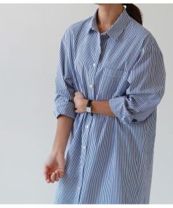 シャツ・ブラウス | 秋服　レディース　秋　ファッション　ロングシャツ ワンピース シャツワンピース ロングワンピース 長袖 20代30代 ゆったり ストライプ 体型カバー