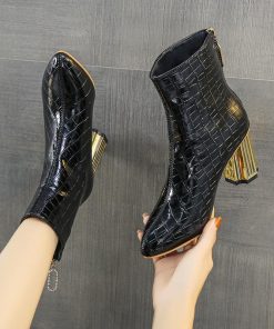 ショートブーツ | 大きいサイズレディース ポインテッドトゥ チャンキーヒール 柄 太ヒール バックファスナー 27cm ミドルヒール シューズ ブーツ 黒ブーツ