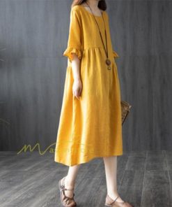 ミディアム | ワンピース レディース 40代 50代 半袖 きれいめ ゆったり ミディ丈 30代 ミディアム丈 綿麻混ワンピース 韓国ファッション 丸首 上品 カジュアル 夏物 お出かけ