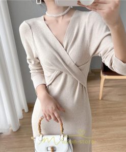 ニットワンピース | 二ットワンピース レディース ニットワンピ Vネック 長袖 トップス チュニック ロング丈 ミモレ丈 着痩せ 秋 冬 コーデ 20代30代40代 フェミニン 上品 大人