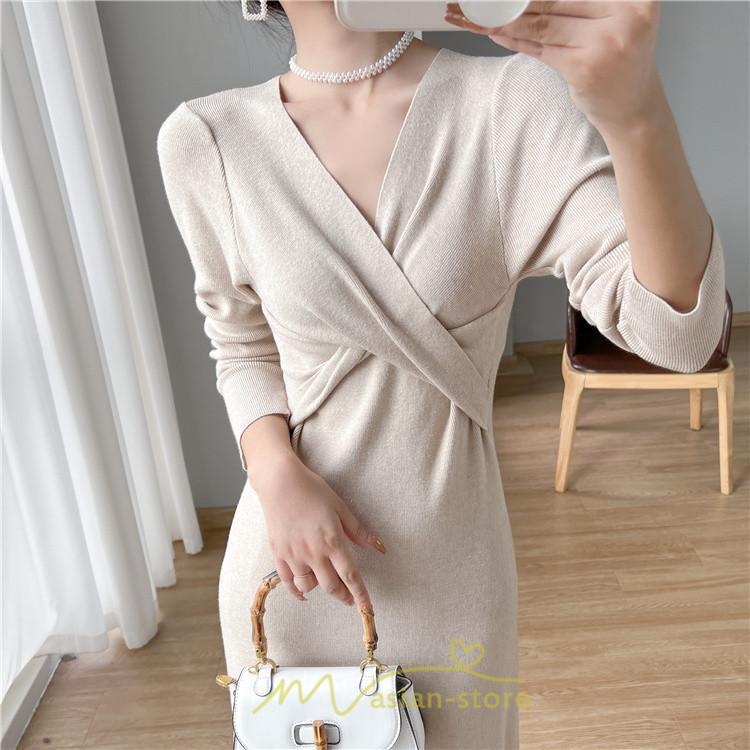 ニットワンピース | 二ットワンピース レディース ニットワンピ Vネック 長袖 トップス チュニック ロング丈 ミモレ丈 着痩せ 秋 冬 コーデ 20代30代40代 フェミニン 上品 大人