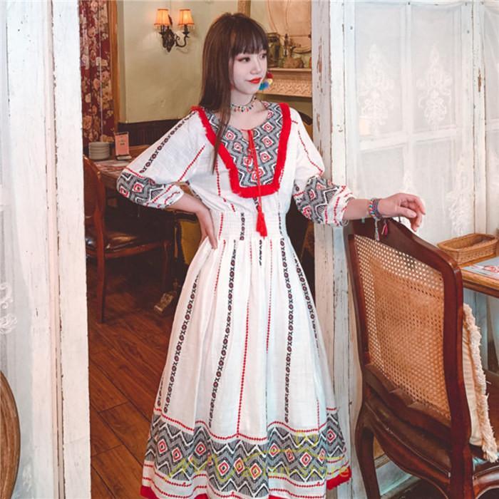 マキシ | ワンピース 夏 レディース リゾート きれいめ 夏ワンピ ファッション エスニック 幾何学柄 ウエストゴム レトロ サマーワンピース ロング 海外旅行 上品 夏服