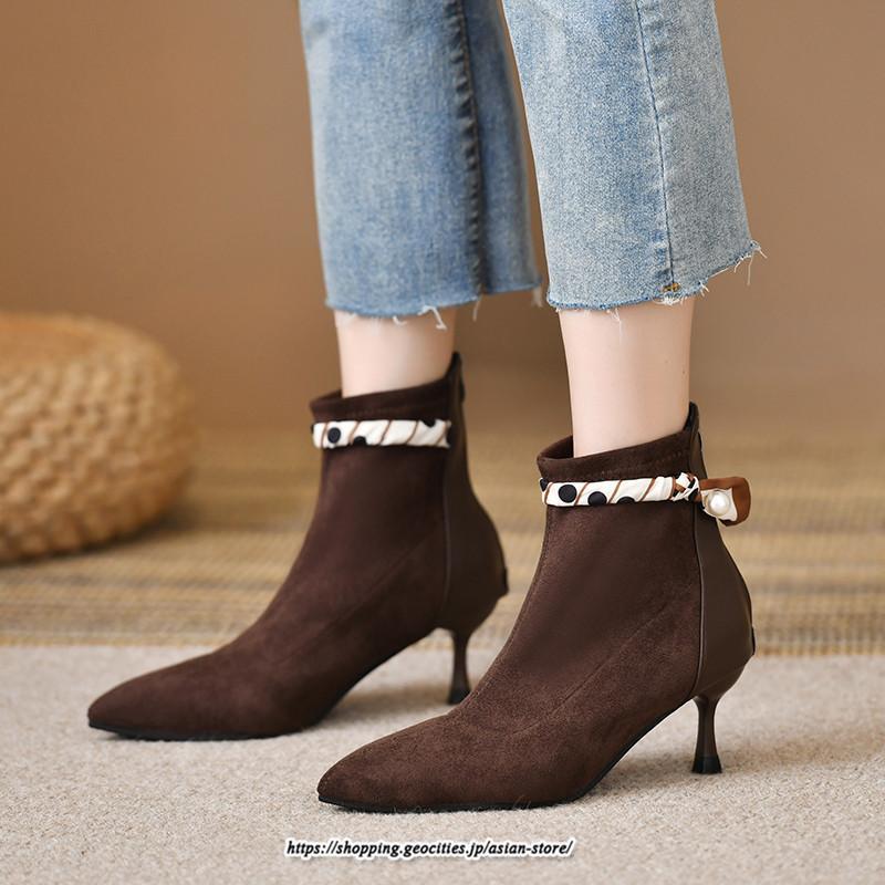 ブーツ | ブーティ ショート レディース ピンヒール 痛くない ファスナー 疲れない 歩きやすい 暖かい 秋冬 飾り 外出 お出かけ デート 女子会 二次会