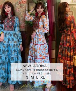 マキシ | ワンピース 七分袖 レディース 夏服  秋服 ロングワンピース マキシ丈 Vネック 民族風 エスニック風 体型カバー カジュアル お洒落 レトロ ハイウエスト